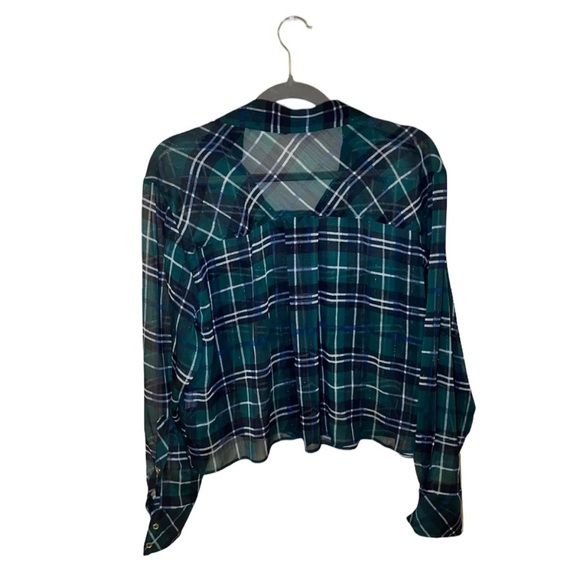 New Zara Sheer Metallic Threaded Green Plaid Cropped Blouse - Size L - Picture 7 of 15